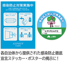 各自治体から提供された感染防止徹底宣言ステッカー・ポスターの掲示に！