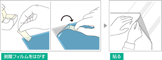 ３．剥離フィルムをはがす　４．貼る